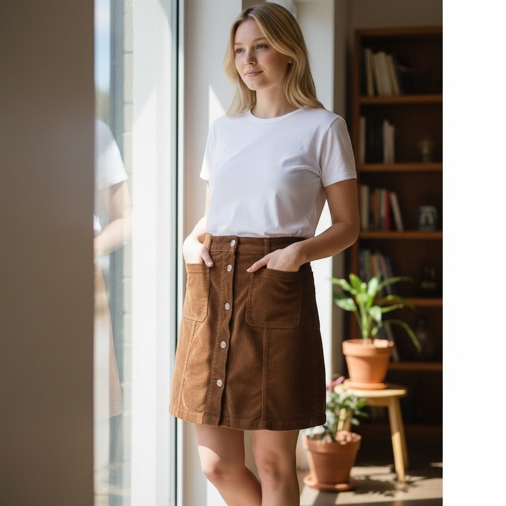 Gap Denim Corduroy A-line‎ Skirt Button-up Patch Pockets Sz 6/28 brown academia